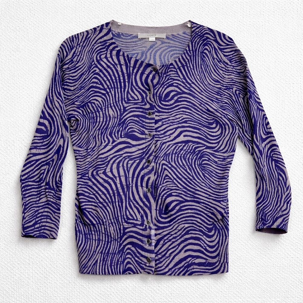 LOFT Abstract Print Cardigan Blue Gray Button Front Cotton Sweater Women's L‎